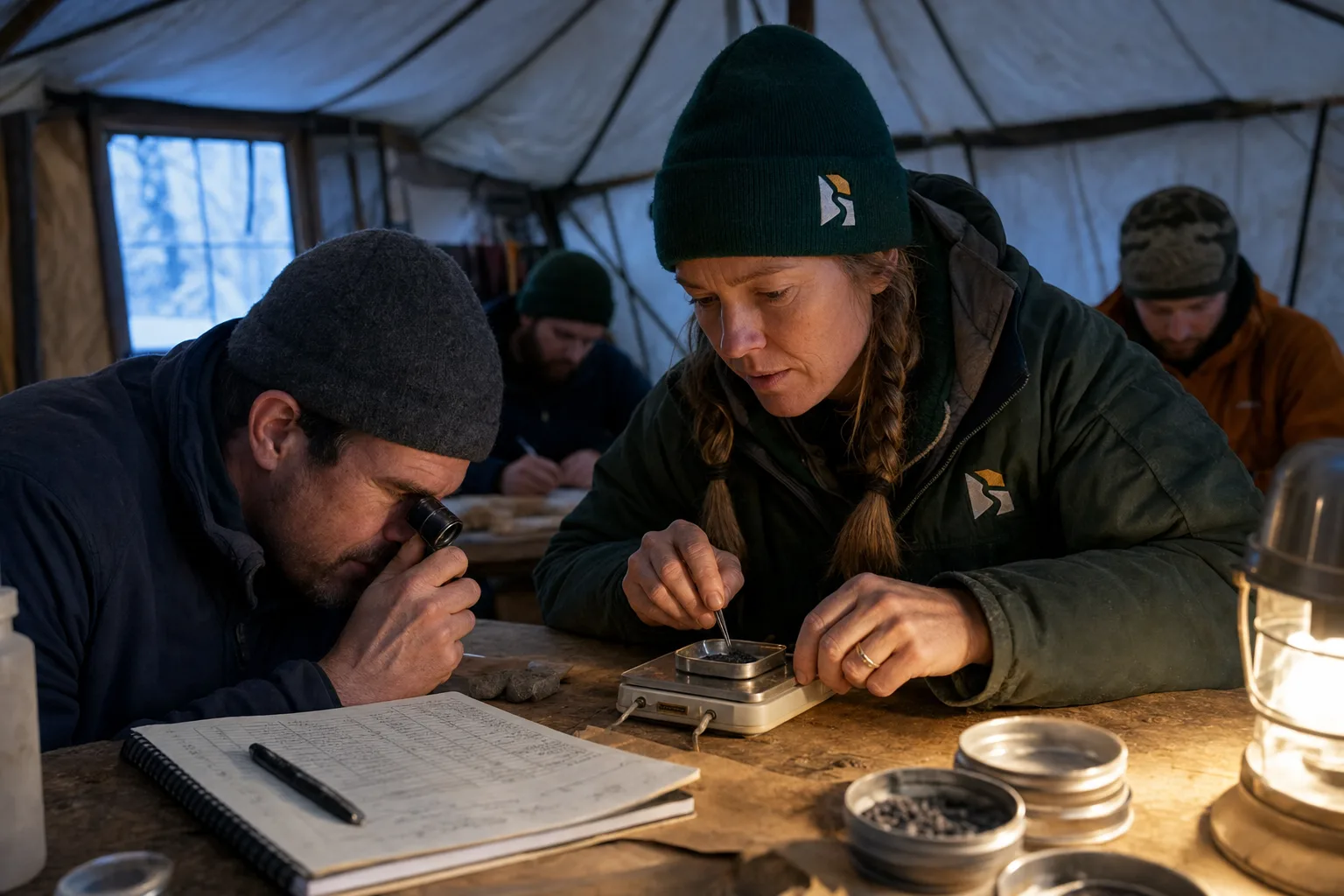 Instructor and student examining placer concentrate at a field table