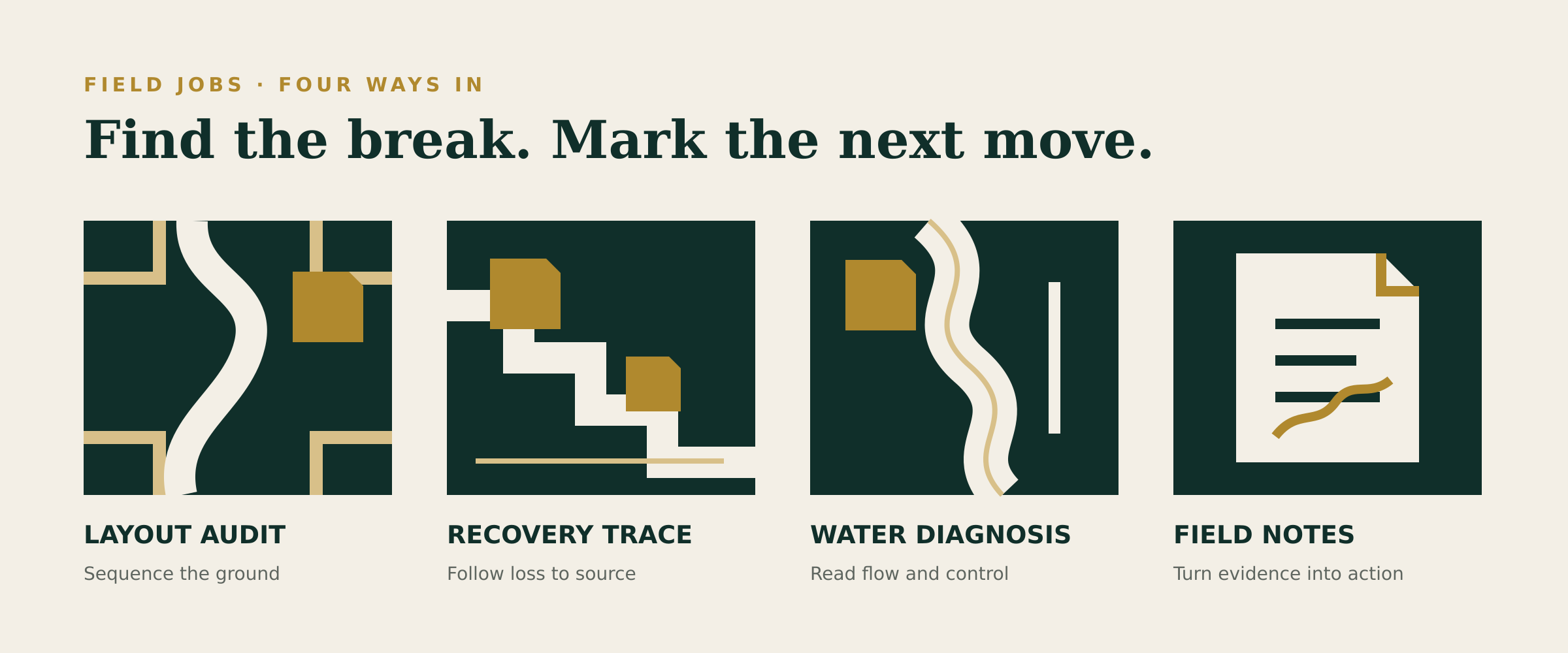Field jobs: layout audit, recovery trace, water diagnosis, and field notes
