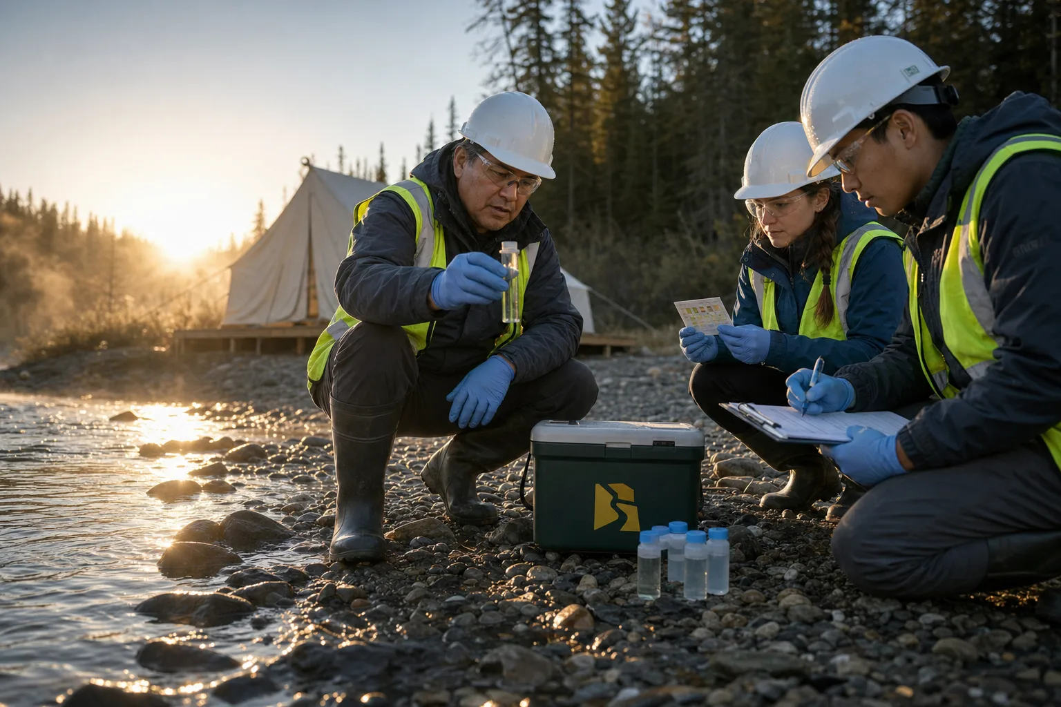 Students testing creek water quality beside a field camp