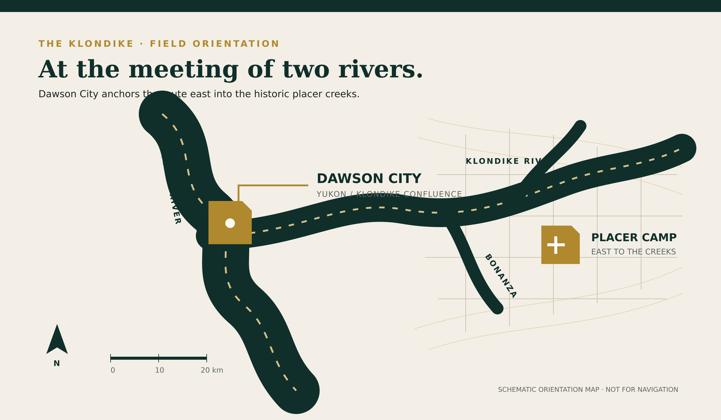 Schematic orientation map of Dawson City at the Yukon and Klondike confluence. Not for navigation.